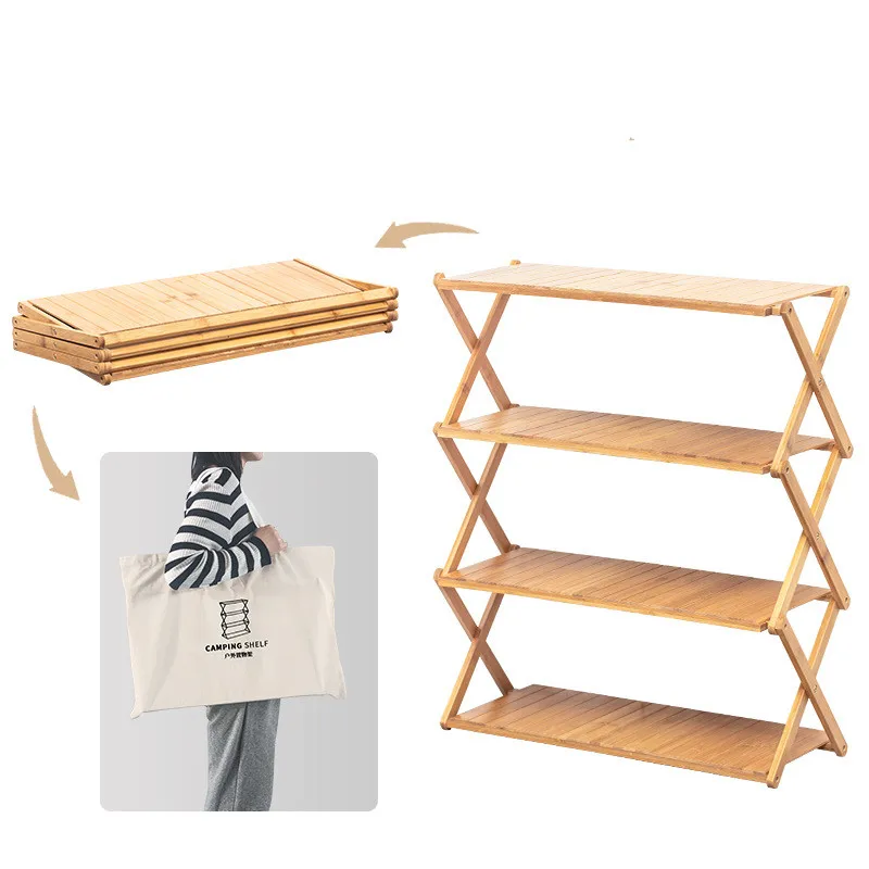 Outdoor Rack Camping Foldable Multi-layer Portable Installation-free Bamboo Storage Rack Multifunctional Folding Table  With Bag