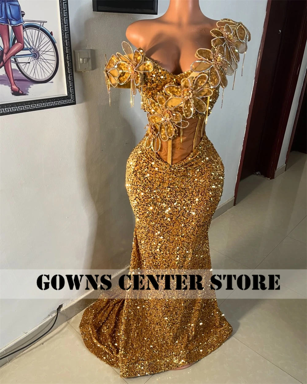 Sparkle Golden Aso Ebi African Evening Dresses Ruched Off The Shoulder Mermaid Formal Party Gowns Luxury Women 2025 Customized image 5
