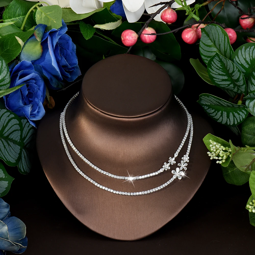 HIBRIDE Unique Deluxe Charming Side Flower Necklace Earrings Ring Ladies Zirconia Jewellery Set Party Banquet Wedding S-776