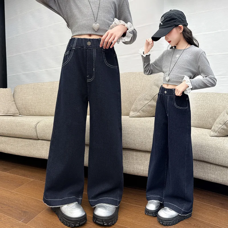 Classic Design Kids Casual Wide Leg Dark Blue Washed Jeans for Teenage Girls School Denim Pants Child Solid Color Jeans Trousers