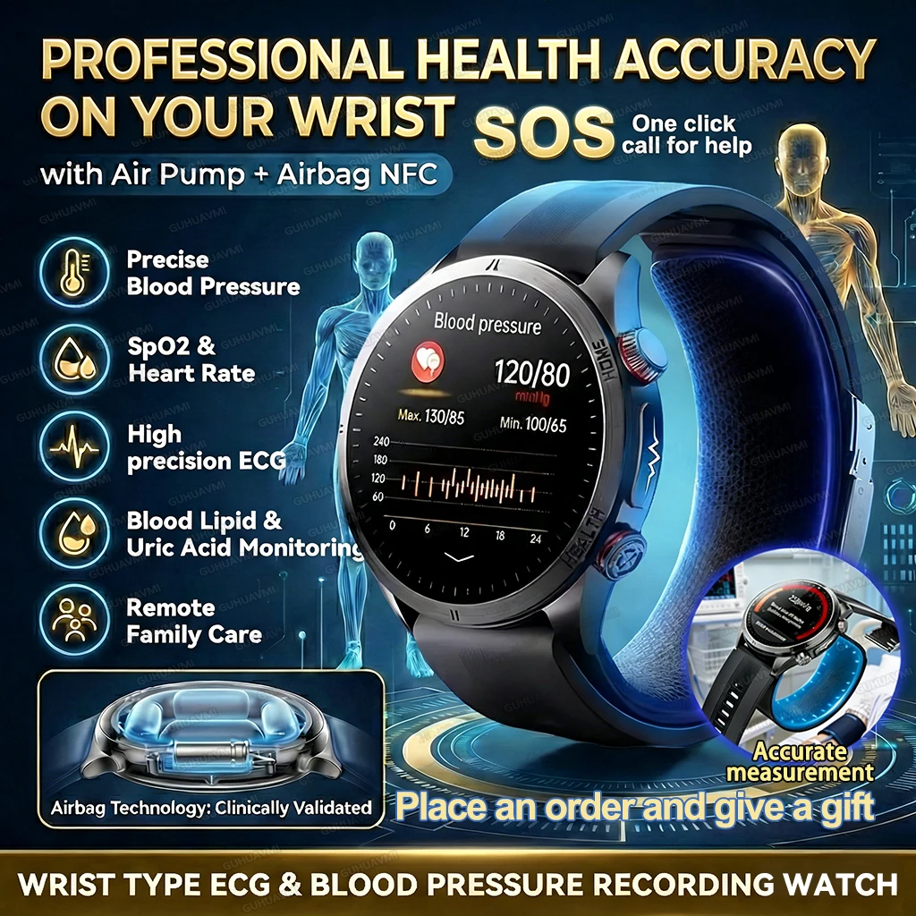 New Health Smart Watch Airbag Blood Pressure ECG+PPG AI Diagnosis Blood Lipid Uric Acid SOS Remote Care Smartwatch For Men Women