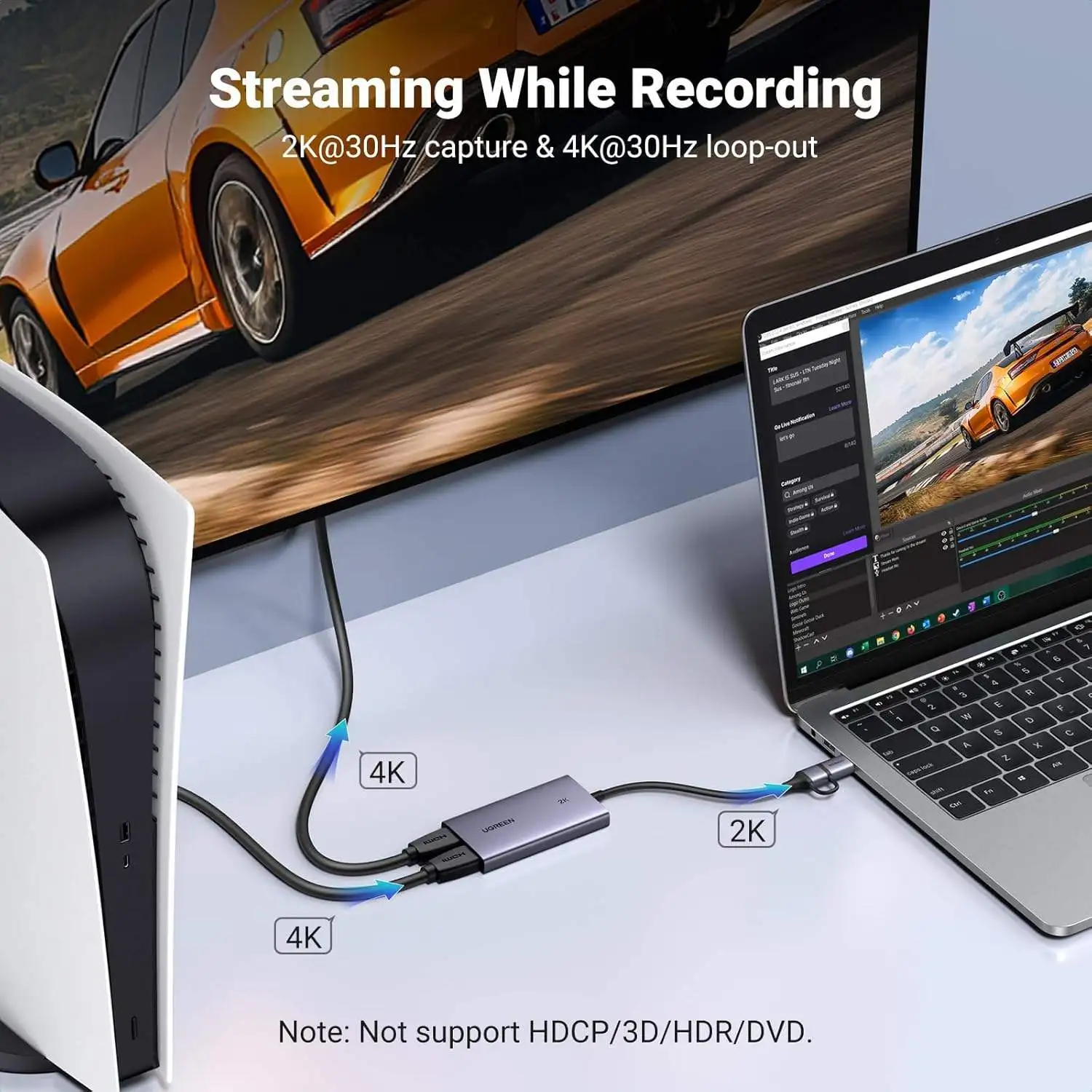 UGREEN 2K30Hz HD-MI Capture Card, 4K30Hz Passthrough Video Capture Card USB 3.0 Full HD 1080P 60FPS with Low Latency