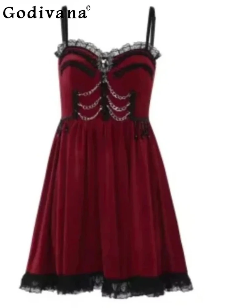 

New Halloween Retro Chain Fringed Lace Splicing Suspender Dress Temperament Red Fashion Versatile Velvet High Waist Dresses