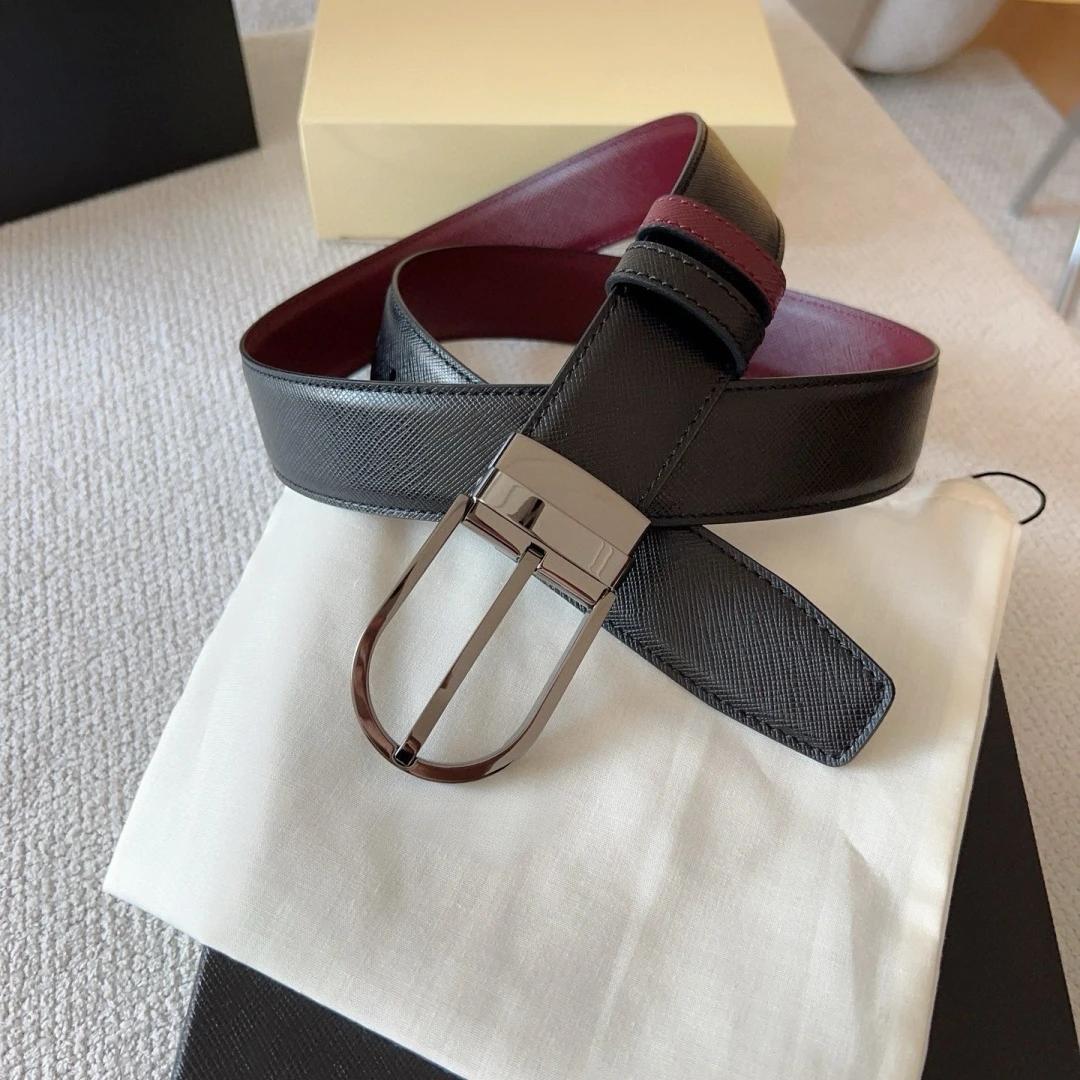 Business Formal Waist Strap Luxury Brand Men's Reversible Cross‑Grain Belt Rotatable D Pin Buckle Black Wine Red Dual‑Sided