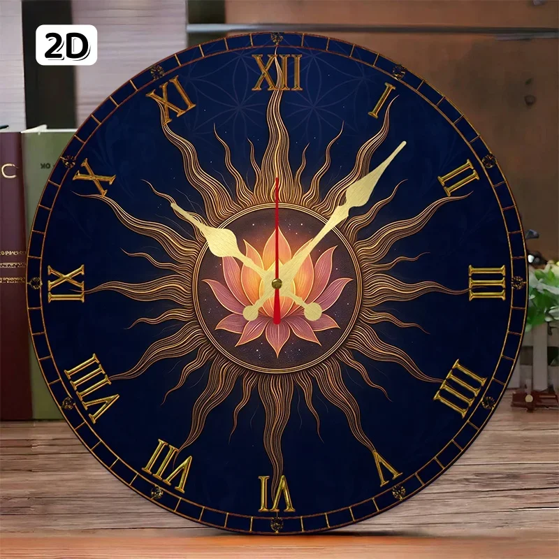 Lotus & Sun Celestial Wooden Round Silent Hanging Wall Clock,Suitable For Living Room,Office,Study Room,Bedroom,Home Decoration.