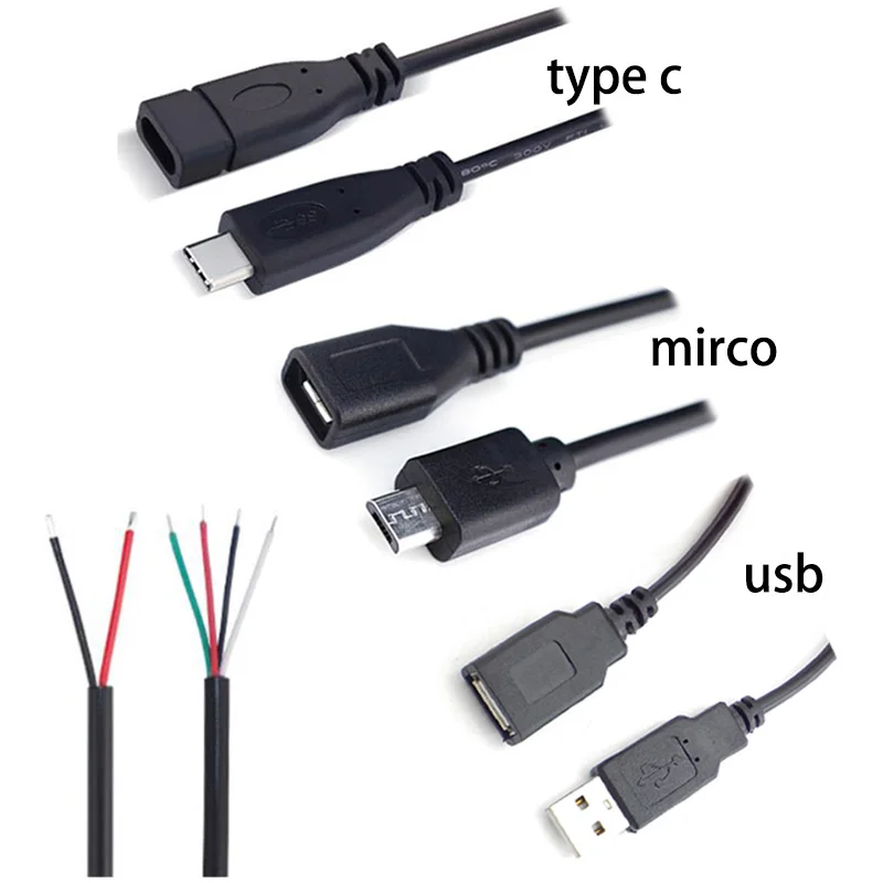 1M USB Type A Male Female Type C Micro Connector 2Pin 4pin core Power Supply Cable Extension Adapter repair welding Wire DIY