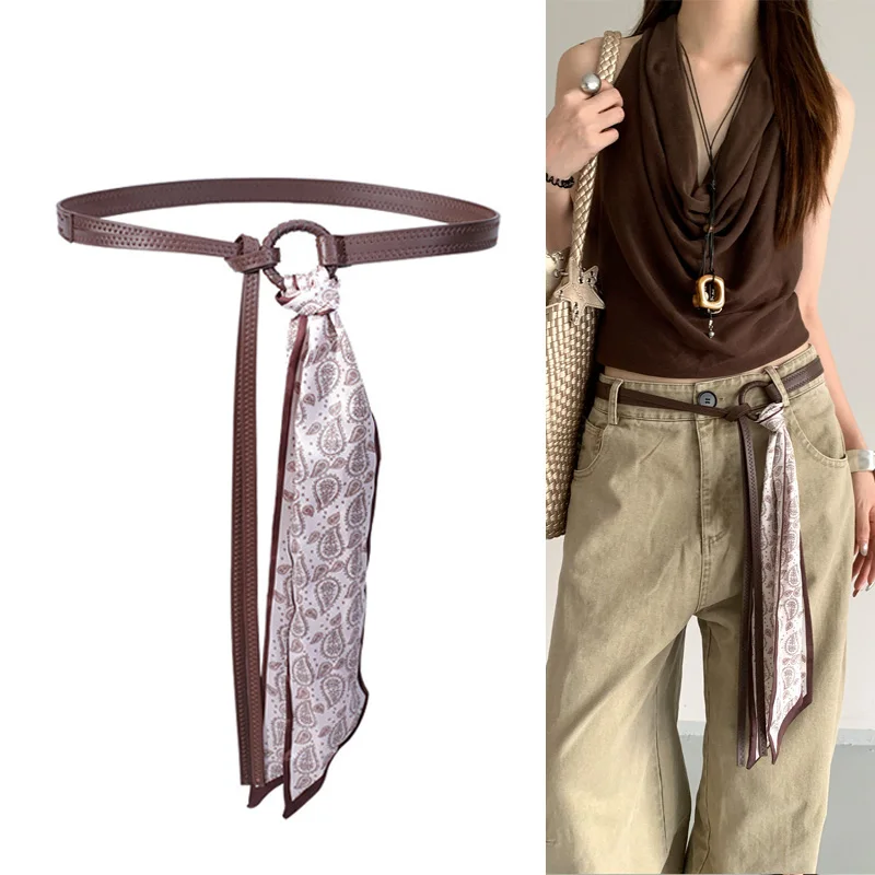 وشاح مصمم حزام جلد للنساء تنوعا عقال حزام وشاح حقيبة مقبض الشريط وشاح يمكن انفصال فستان الجينز زنار #2