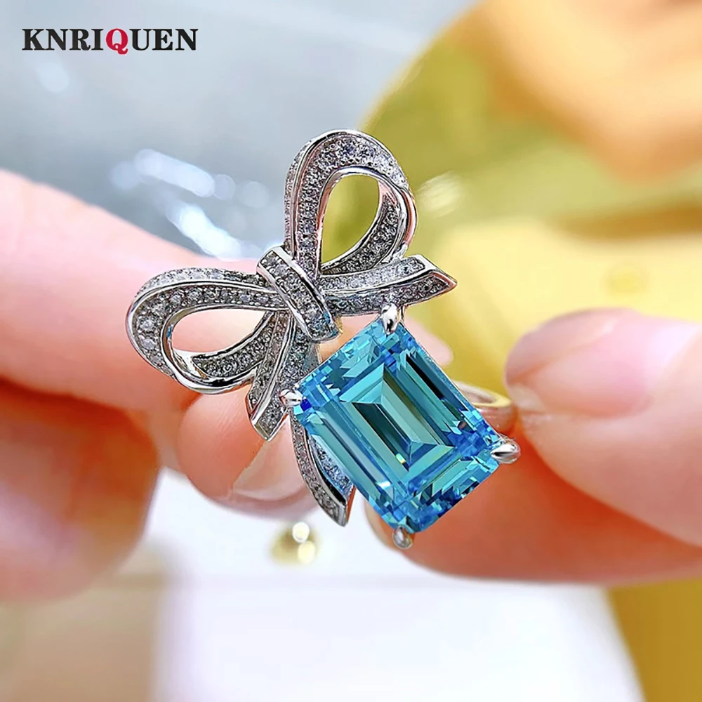 Genuine 100% 925 Sterling Silver 9*12mm Aquamarine High Carbon Diamond Ring for Women Gemstone Cocktail Party Fine Jewelry Gift