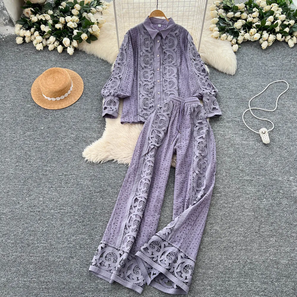 ALPHALMODA สไตล์ฝรั่งเศส ลูกไม้ปักกลวง ตัดแต่ง เสื้อเชิ้ตแขนยาว สำหรับผู้หญิง เอวสูง ชุดสูทกางเกงทรงตรง