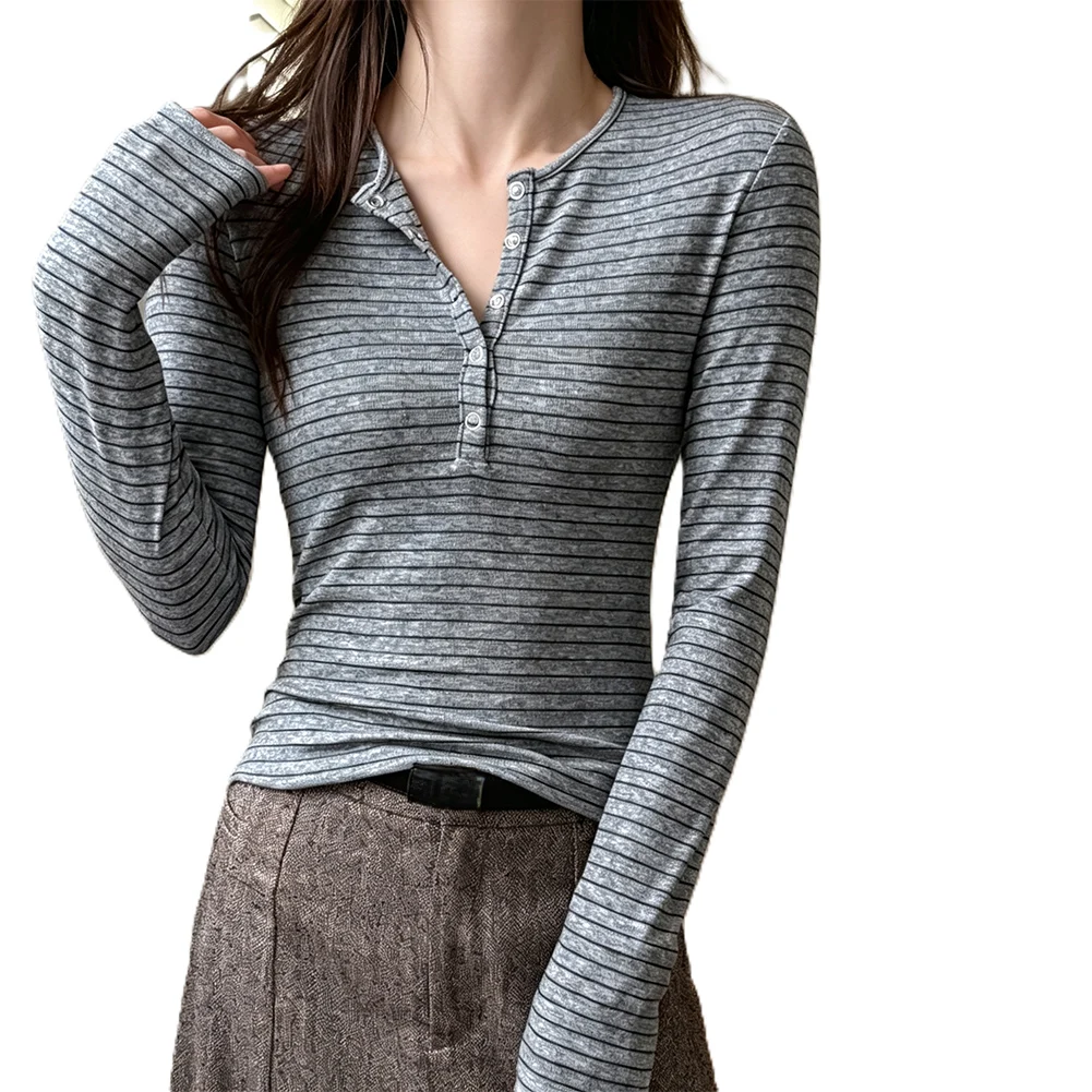 Ladies' Contrasting Color‑Block Striped Shoulder Long Sleeved T-shirt Base Shirt For Spring And Autumn Seasons Tops