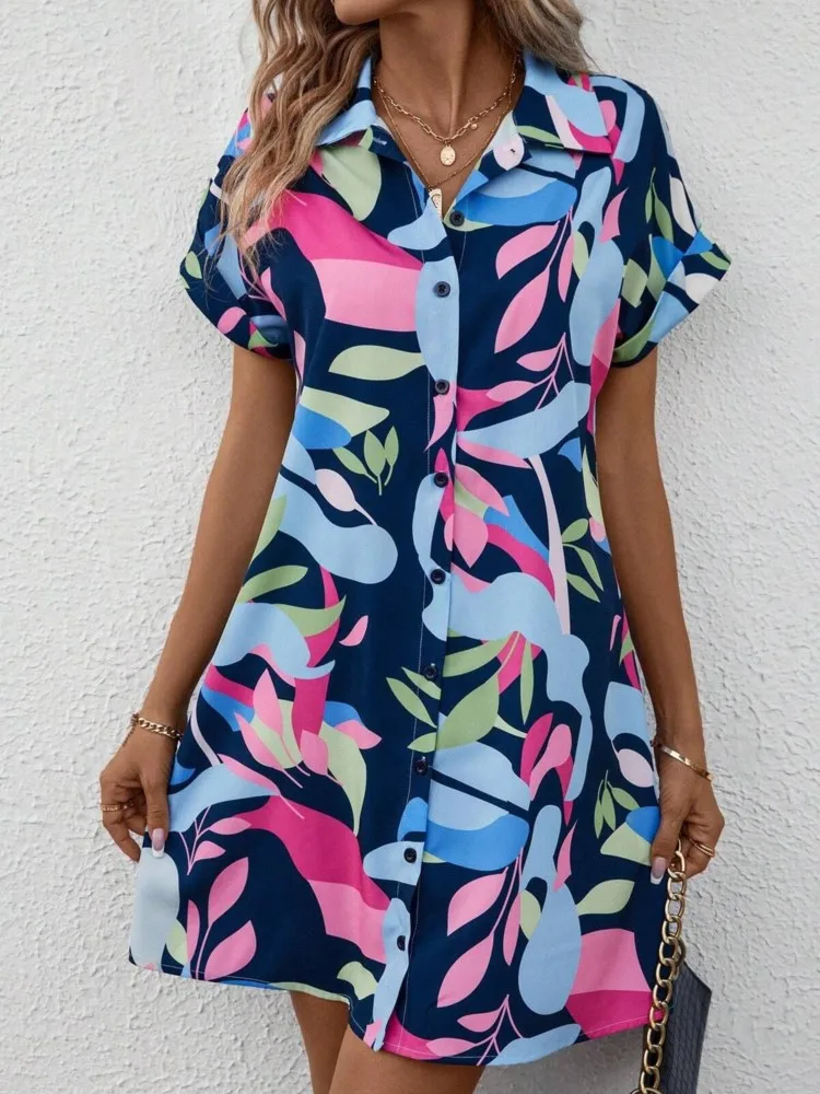 

Summer Outdoor Casual Loose Comfortable Short-sleeved Dress Flower Print Elegant Dress Daily Urban Fashion Women's Shirt Dress