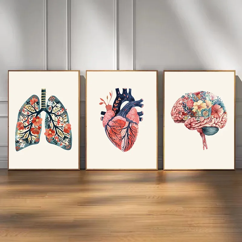 （2D Canvas painting） Floral Human Anatomy Heart, Brain, Lungs Medical Education Poster and Prints Canvas Painting Wall Pictur