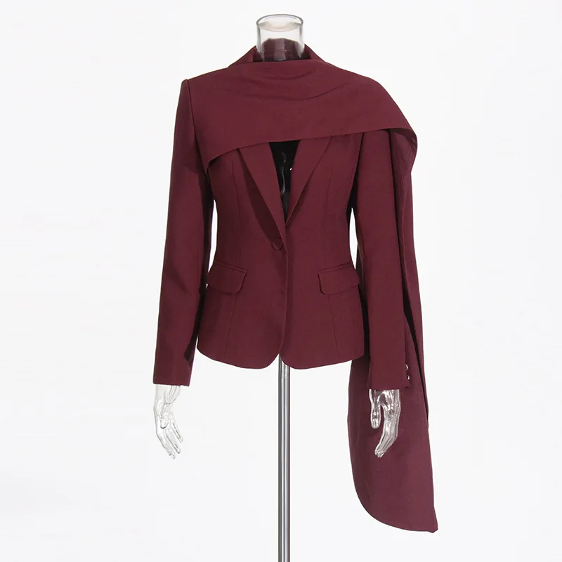 Burgundy Women Suit 1 Piece Blazer V Neck With Long Scarf Jacket Single Breasted Formal Casual Prom Party Jacket Coat Outfit