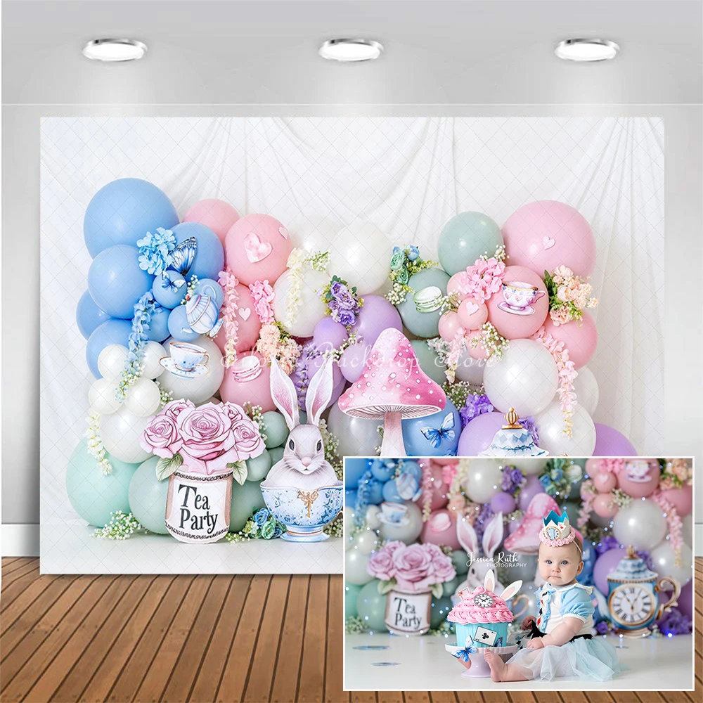 

Wonderland Tea Party Balloons Photo Background Princess Girl Birthday Cake Smash Photography Backdrop Kids Photo Studio Props