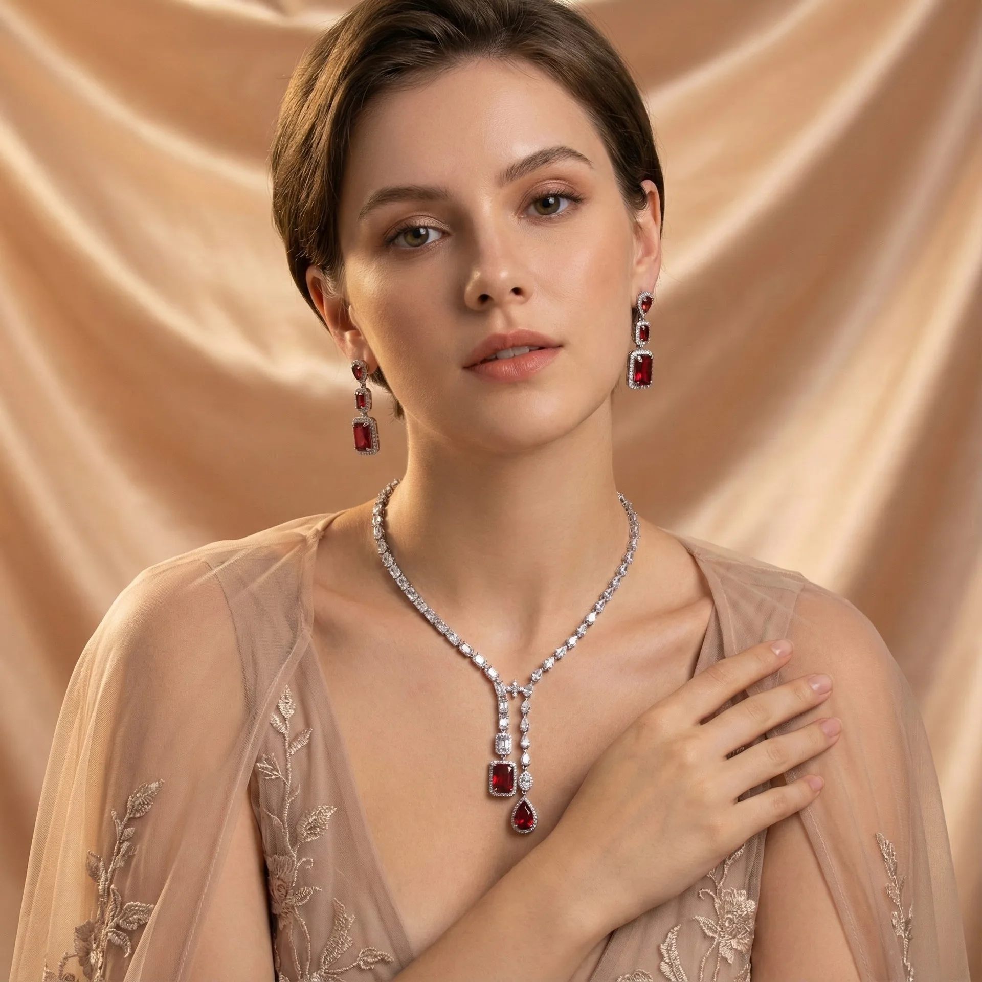 Summer 2026 High-End Women's Zircon Pendant Jewelry Set Light Luxury Evening Earrings Necklace Wedding Accessory
