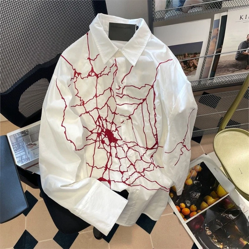 EBAIHUI Retro Spider Web Embroidered Women\'s Shirt Spring and Autumn New Loose Ladies Long Sleeved Blouse Hip Hop White Blusas