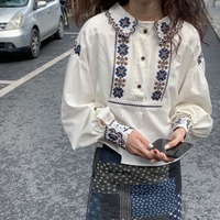 Spring Autumn Fashion Indie Folk Embroidered Solid Color Cotton Linen Long Sleeve Shirts Women Casual All-match Trend Tops