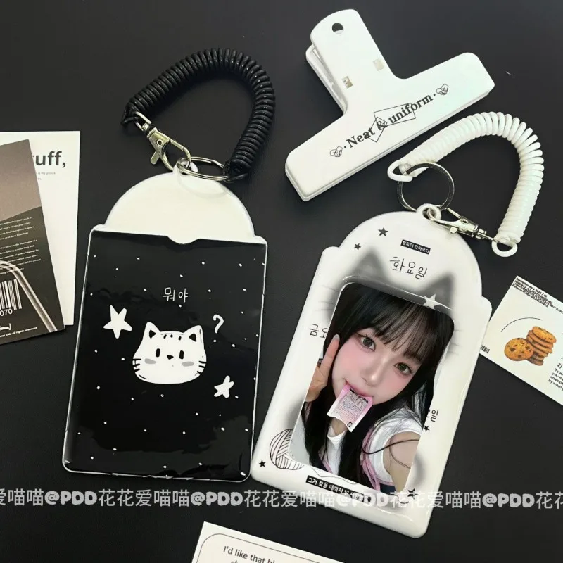 

Kawaii Black White Cat PVC ID Card Case 3 Inch Photocard Protector for Idol Fans Student Card Storage Keychain Cute Bag Charm