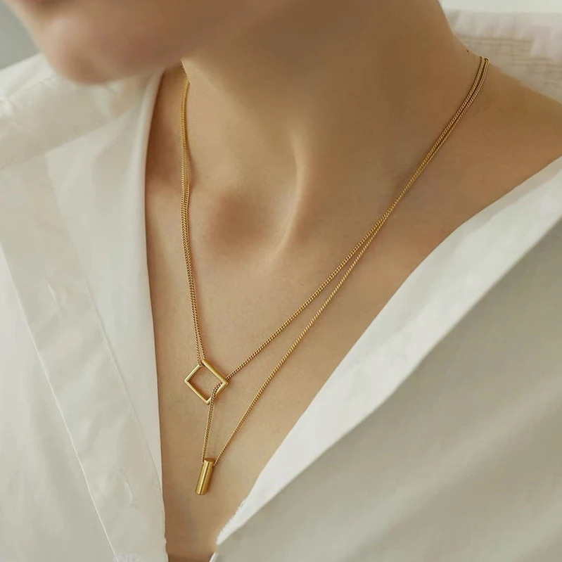 Real 925 Sterling Silver Square Adjustable Sweater Chain Necklace for Women Trendy Fine Jewelry Minimalist Geometric Accessories