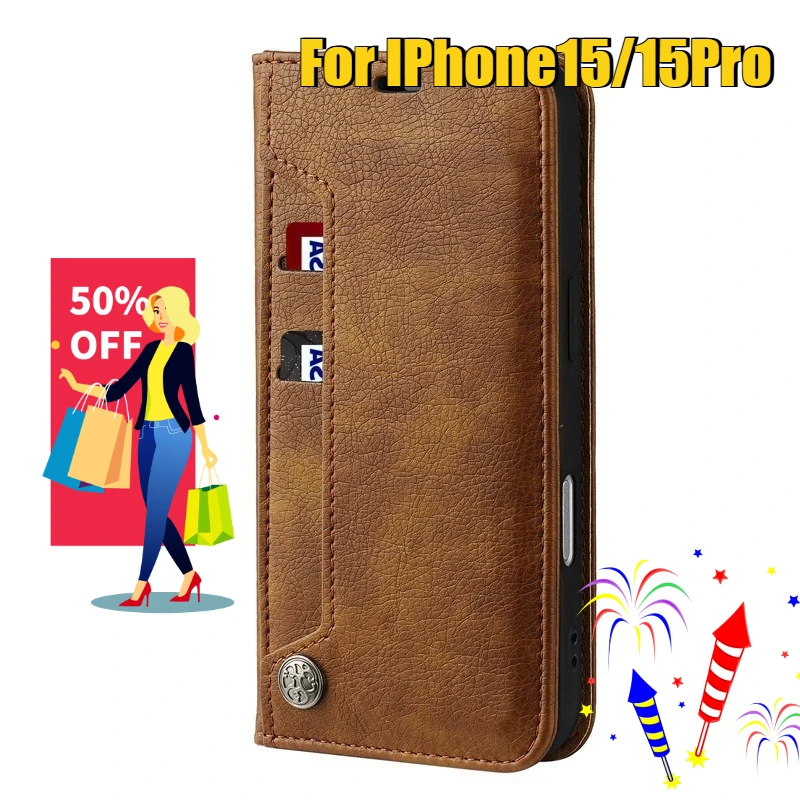 For IPhone15/15Pro Leather Phone Case for Apple Wallet Simple Flip Phone Case with Card Slots