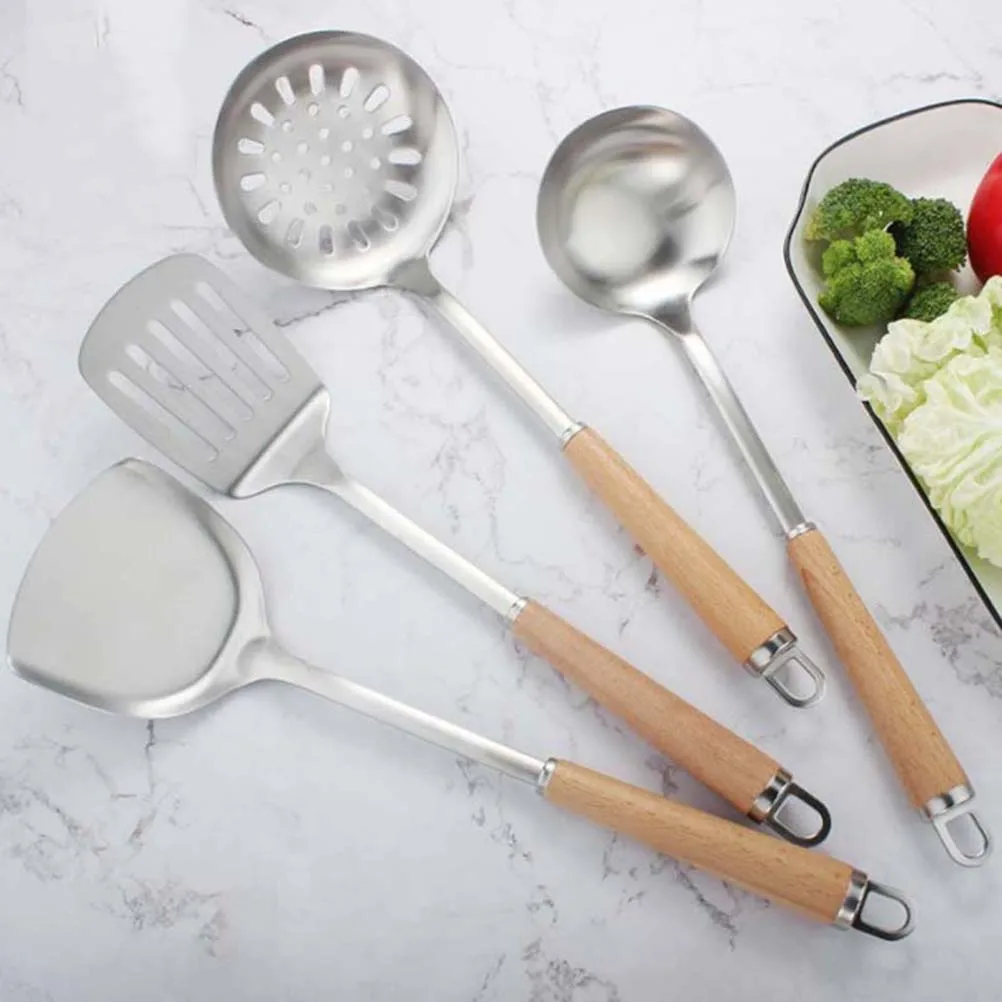 

Wooden Handle Stainless Steel Soup Spoon Long Handle Kitchen Gadgets Food Grade Material Serving Utensils Bamboo Design