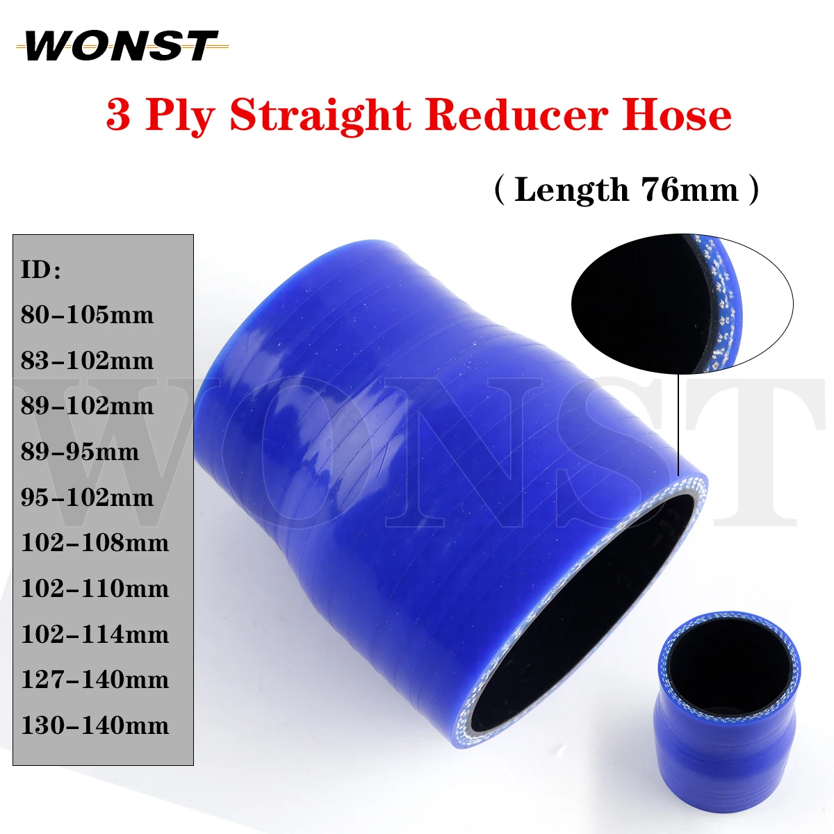 Straight Reducer Hose Silicone Coolant InterCooler Pipe 76mm Length ID 80-105mm 83-102mm 89-102mm 89-95mm 95-102mm