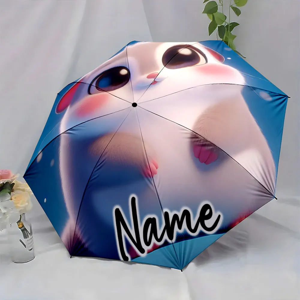 Custom Name  Cute Cartoon Hamster Graphic on a Blue Umbrella Print 8 Iron Ribs Folding Umbrella Auto-Open Fashion Sunshade