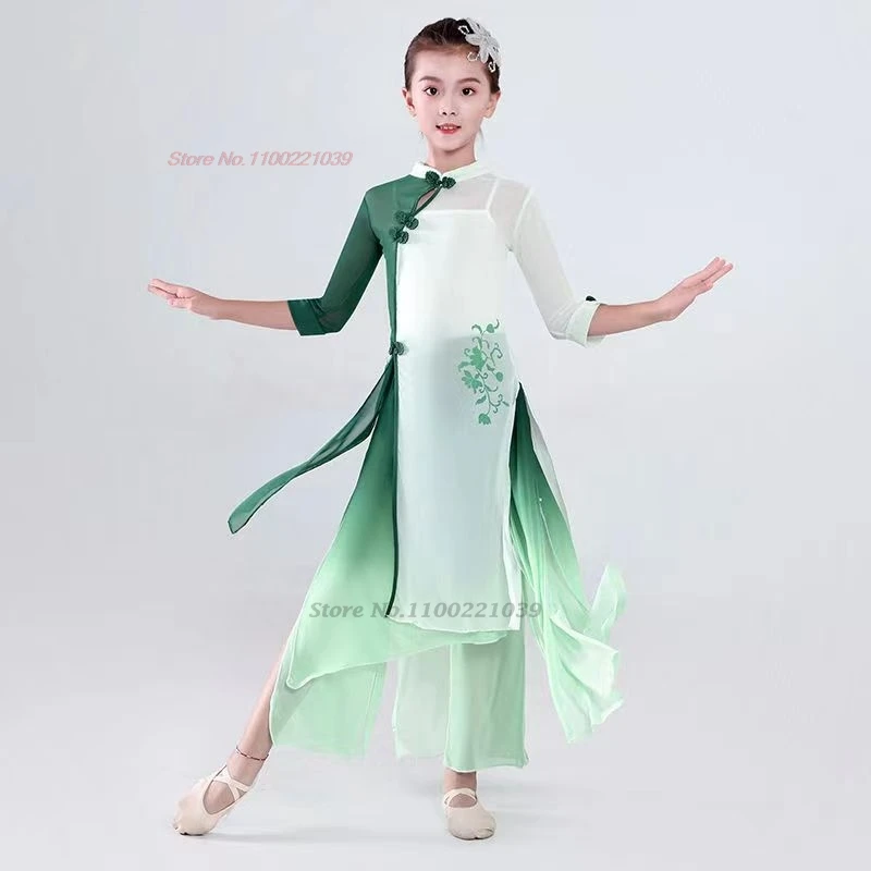 

2025 chinese vintage children folk dance costume flower print qipao dress+pants cheongsam training stage performance dance dress