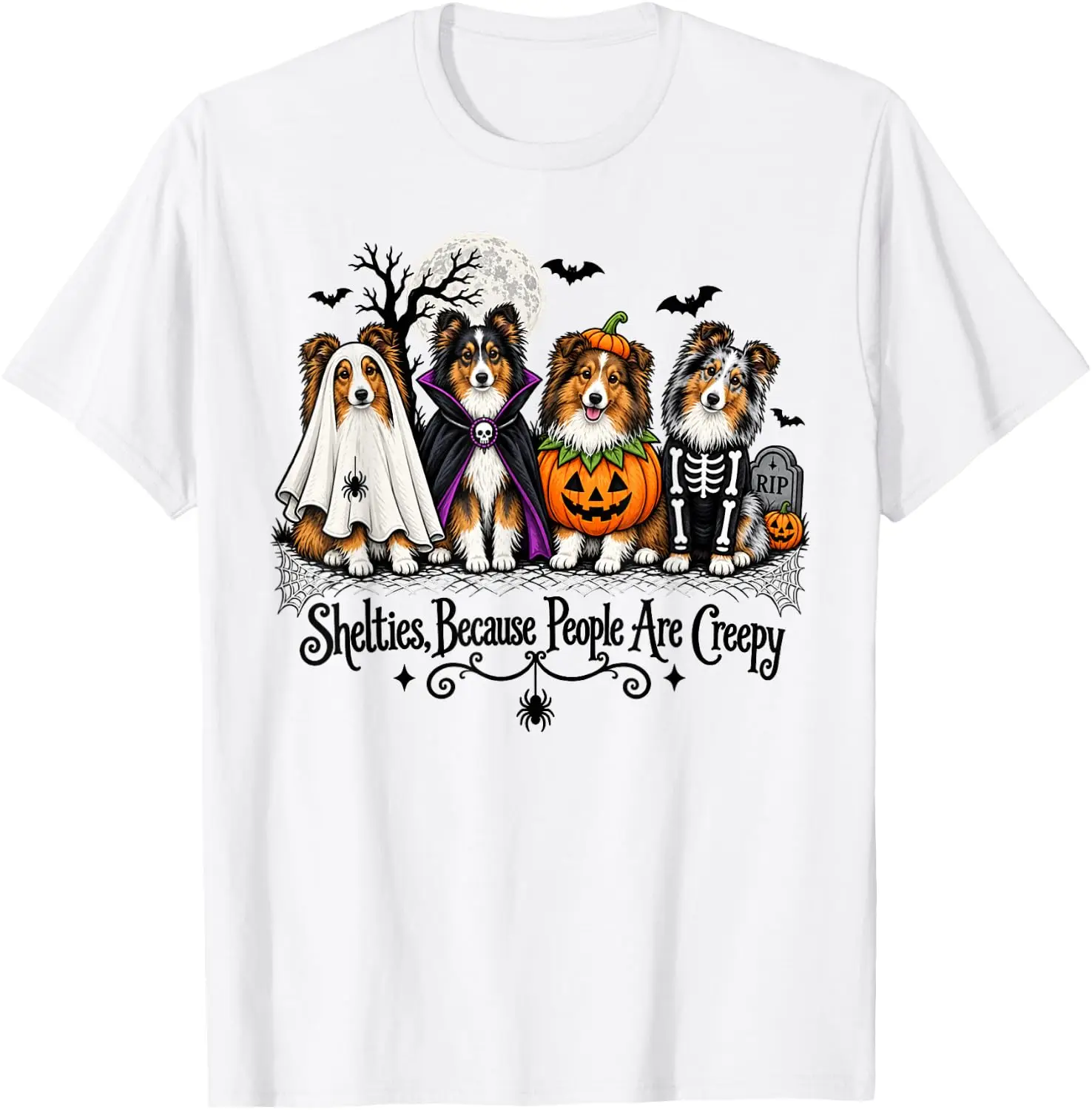 Shelties Because People Are Creepy Halloween Dogs Costume T-Shirt Fashion Unisex Graphic Pattern T‑Shirt Casual Daily Wear Crew Neck Short Sleeve Soft Cotton Unique Design Tee Tops For Men Women.