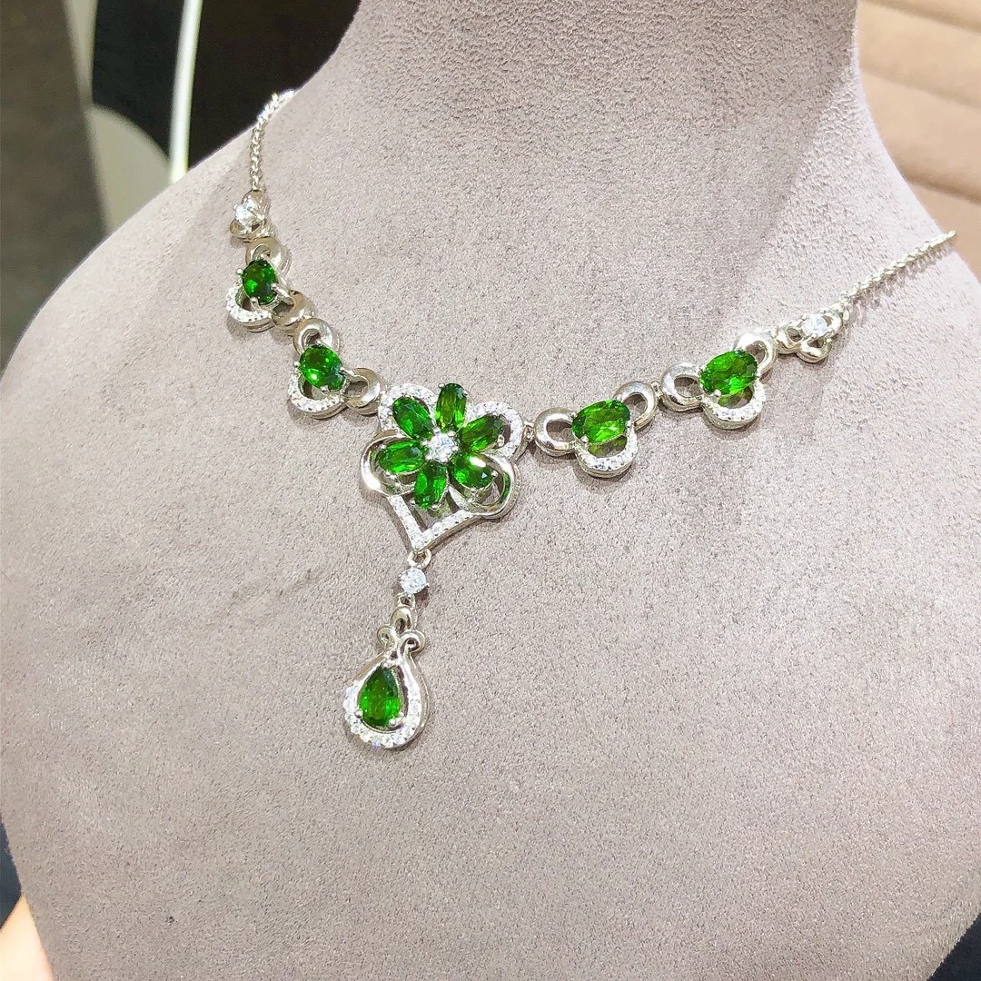 S925 Micro-Paved Natural Diopside Necklace with Certificate, Sparkling Gemstone Pendant Jewelry Gift for Women