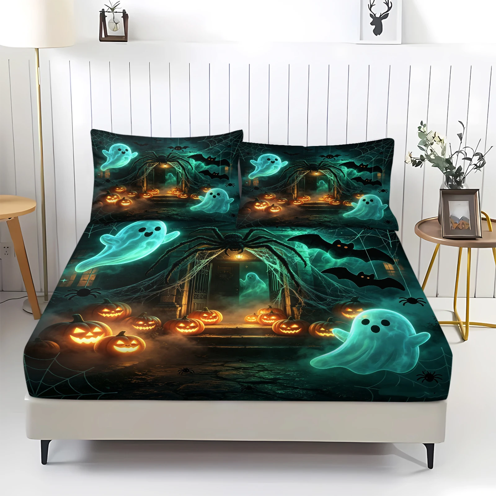 Glowing‑Green Ghost Pumpkin Bat Spider Fitted Sheet Set Halloween Haunted House Mattress Cover With Pillowcase Spooky Horror Bed