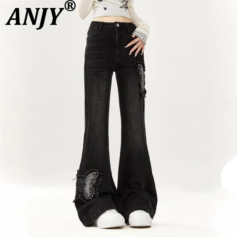 

ANJY Spring Autumn New Women Washed Distressed Niche Heavy Butterfly Patch Bootcut Jeans Dark Ins High Street Denim Pants A20666