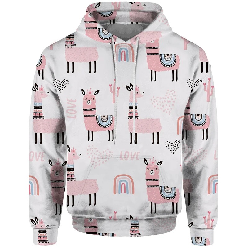 Cartoon Alpaca Pattern Hoodies Fashion Streetwear Long Sleeve Cute Animals 3D Printed Sweatshirt Mens Casual Comfort Pullovers