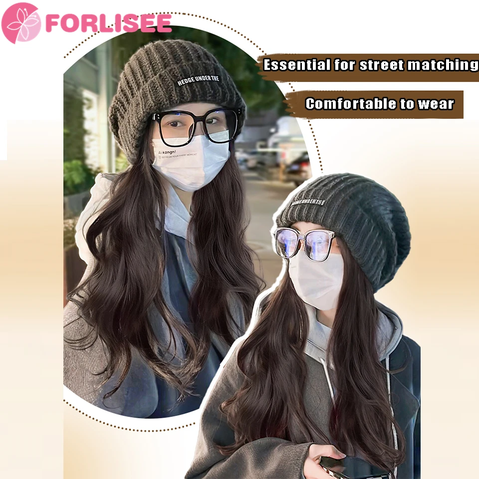 FORLISEE-gorros con pelo para mujer, peluca sintética de pelo largo y rizado de 15 pulgadas, suave y cálido gorro de punto de esquí, para Otoño e