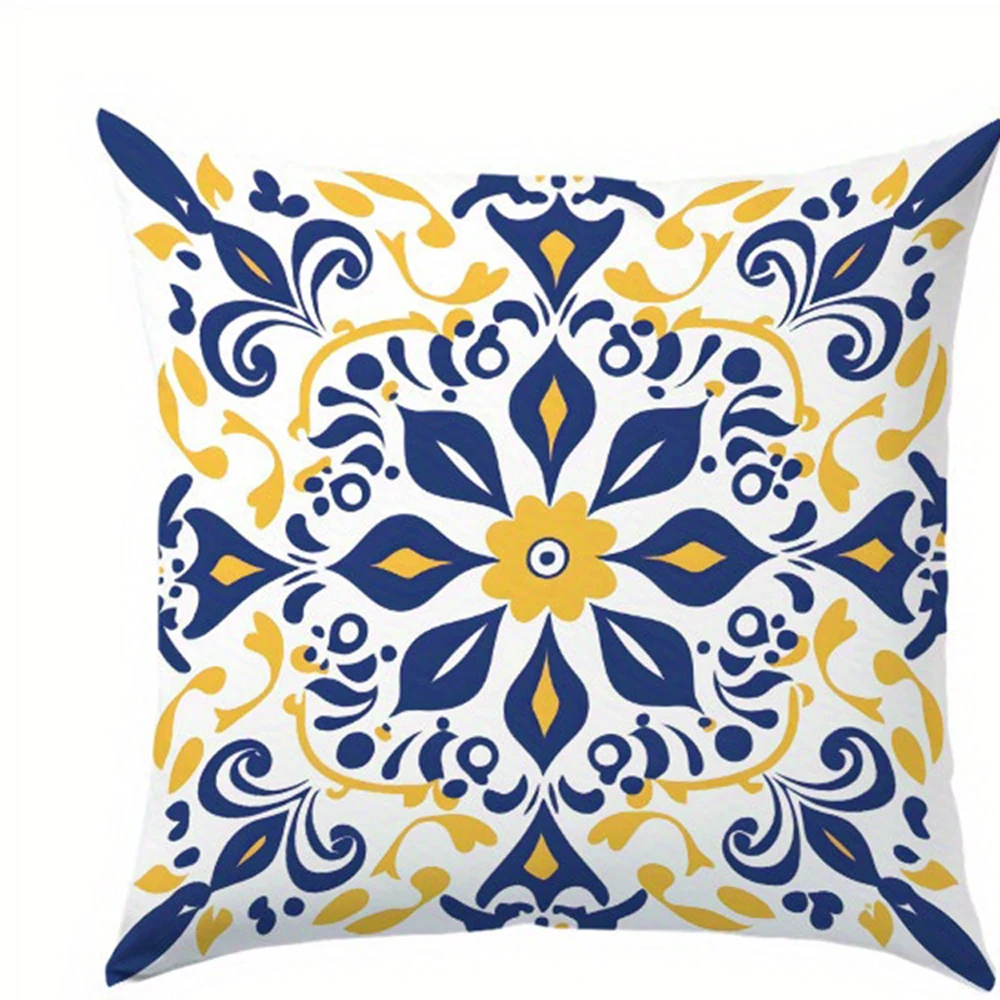 1pc Portuguese Azulejo Style Decorative Pillowcase, 2D Double Sided Print Polyester Cushion Cover, Boho Geometric Home Accent Pi