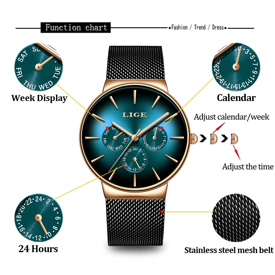 

LIGE новые женские часы модные брендовые часы женские часы дата неделя часы кварцевые наручные часы для женщин Relogio Feminino + коробка