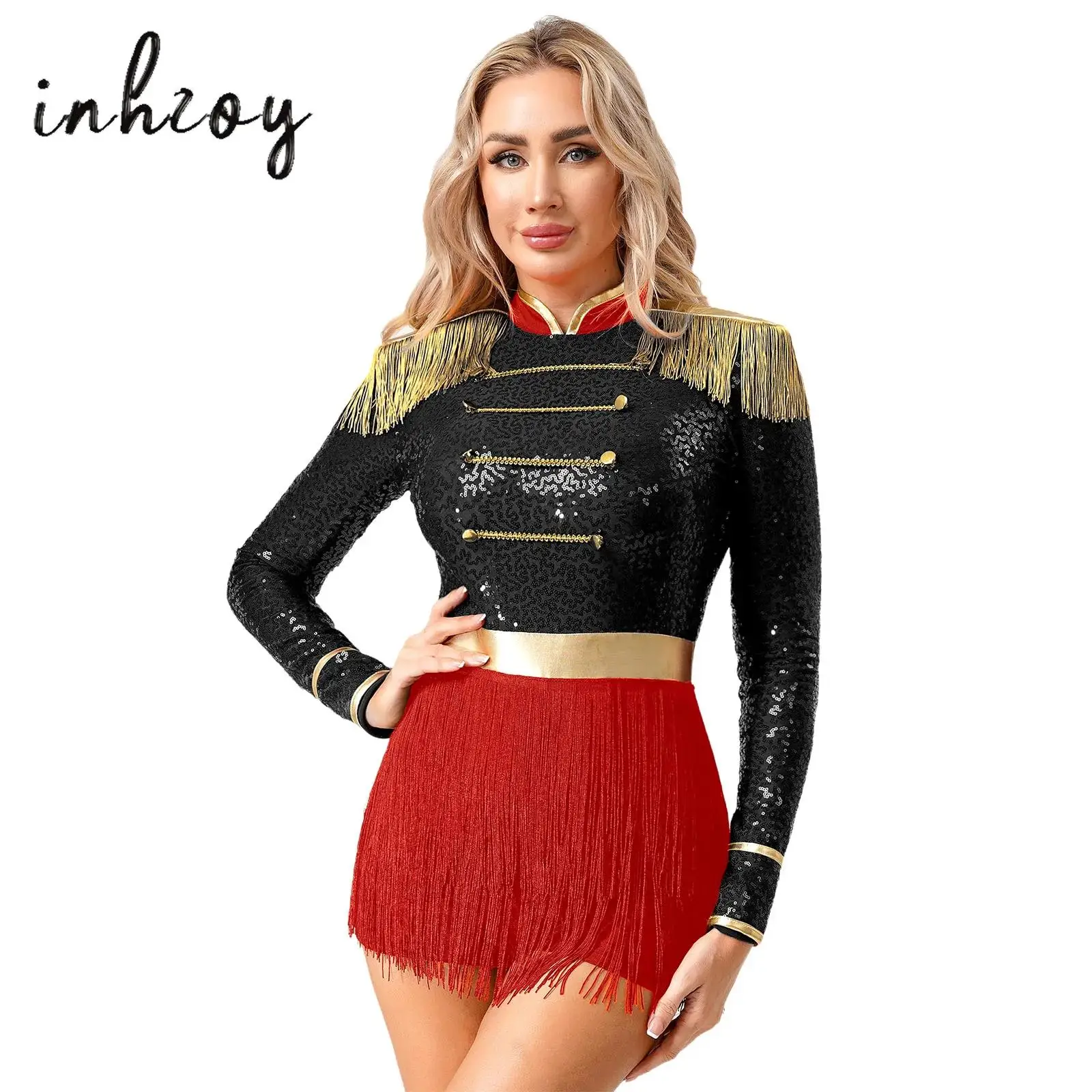 

Women's Circus Ringmaster Jumpsuit Sequin Tassel Epaulet Gold Trim Tiered Fringe Rompers Bodysuit for Halloween Masquerade Party