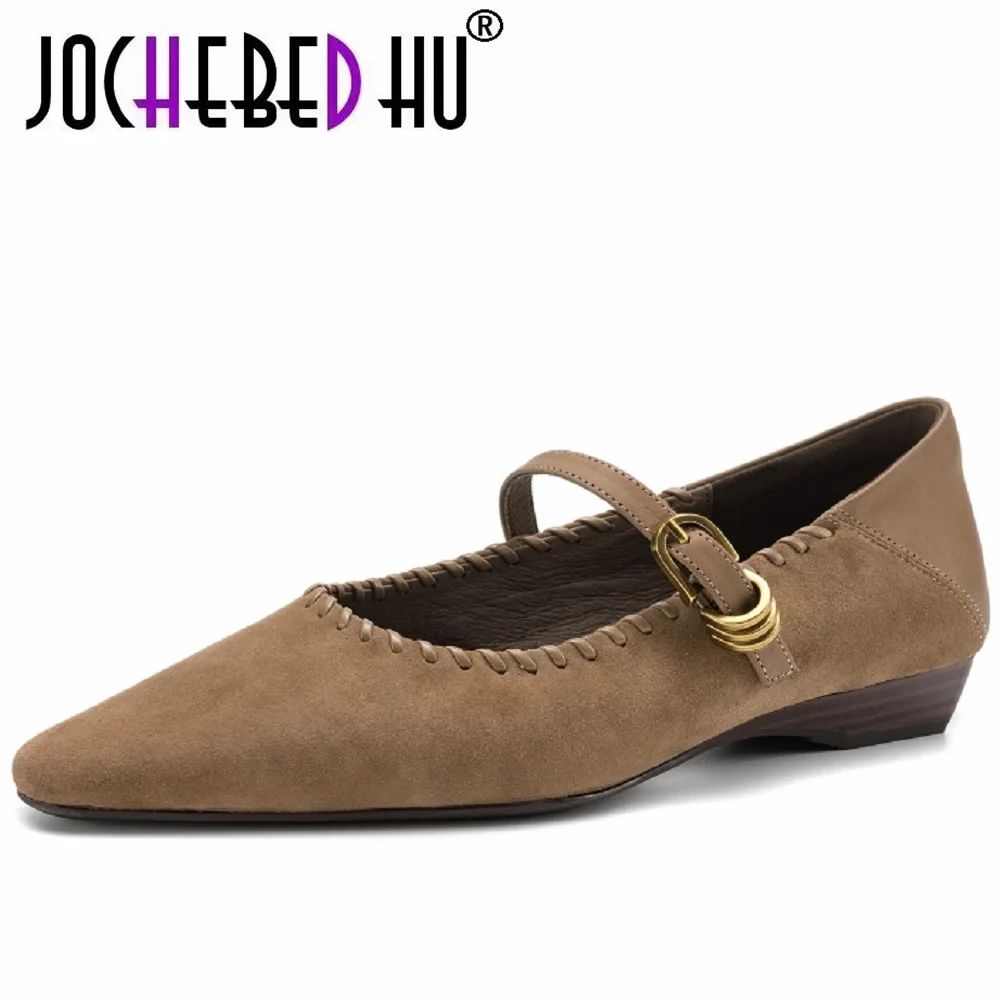 JOCHEBED HUHandmade Genuine Leather Flat Bottom Work Women's Pointed Toe Buckle Slip-On Soft Bottom Commute Single Shoes 34-40