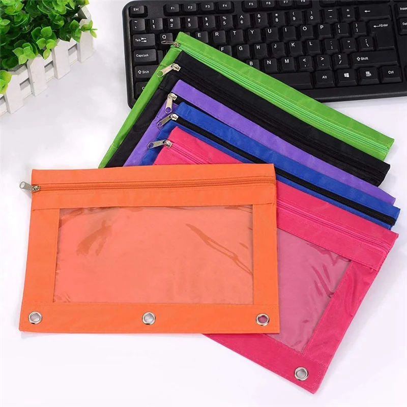 8 Pcs 3 Ring Zipper Pencil Pouch Colorful Fabric Pencil Case Sturdy and Binder Pouch with Clear Window