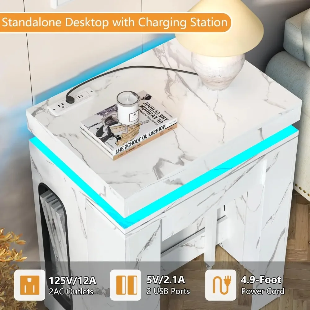 طاولة طعام قابلة للتمديد مع قاعدة شحن وأضواء LED، طاولة طعام من الرخام الصناعي الأبيض مقاس 19.7 بوصة إلى 98.4 بوصة، علامة تبويب وحدة تحكم مستطيلة #5