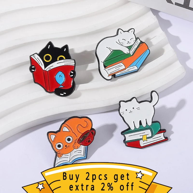 Reading Cat Bookworm Theme Enamel Pins Literary Kitty Book Bookmarks Love To Learn Brooches Lapel Badges Jewelry Gift For Kids