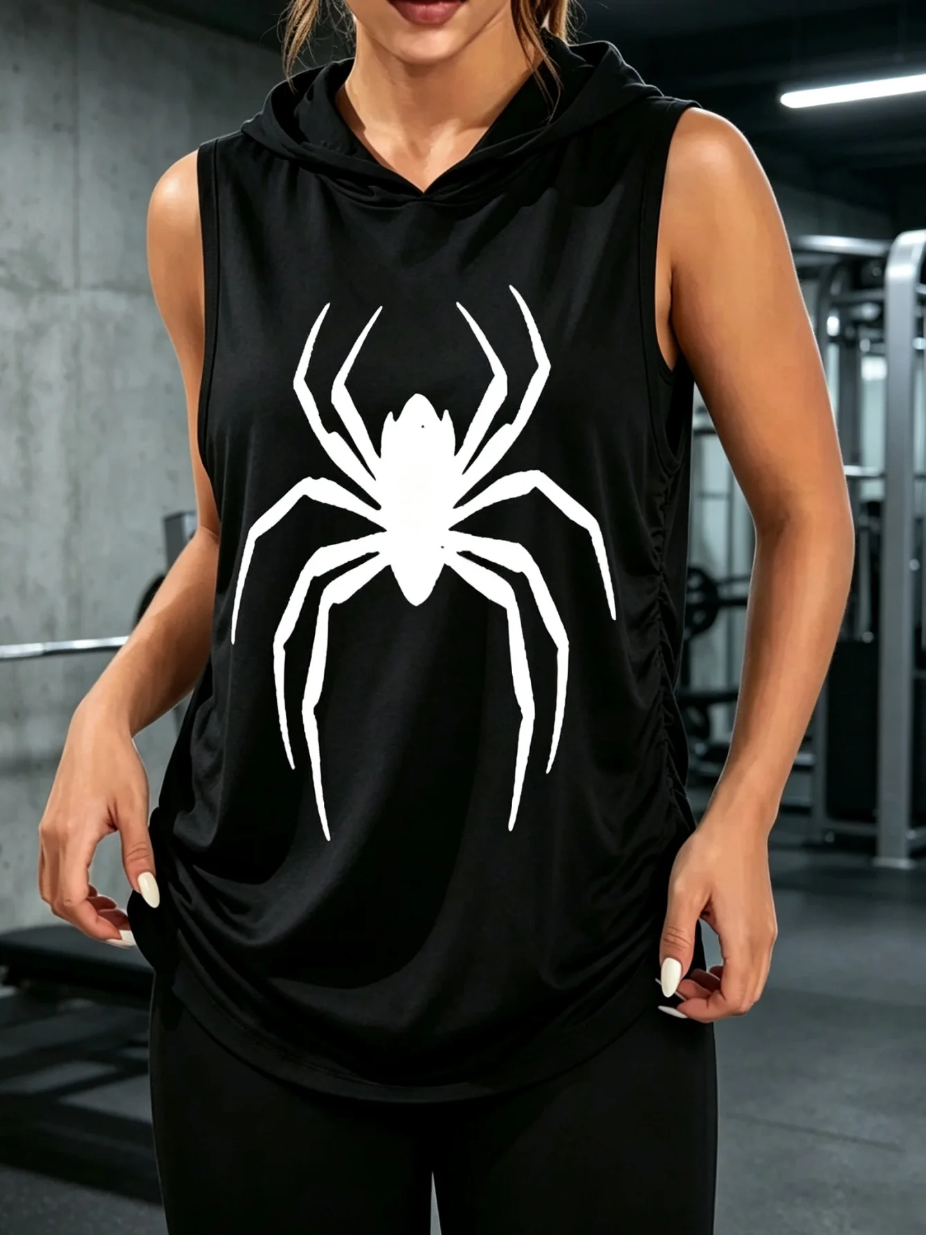 Men Women Unisex Sleeveless Hooded Tank Top White Spider Graphic Print Gym Workout Hoodie Vest Casual Streetwear Couple Matching Fitness Training Sling Shirts