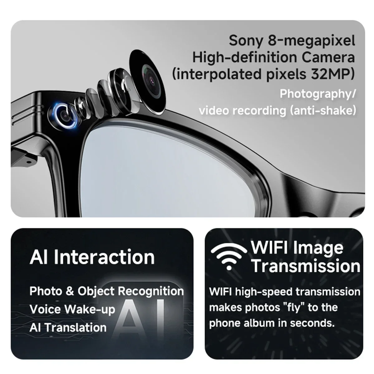 KPEP 8-Megapixel Smart Glasses with Camera Bluetooth Headphones Music Control Voice Assistant AI Translation for Men Women