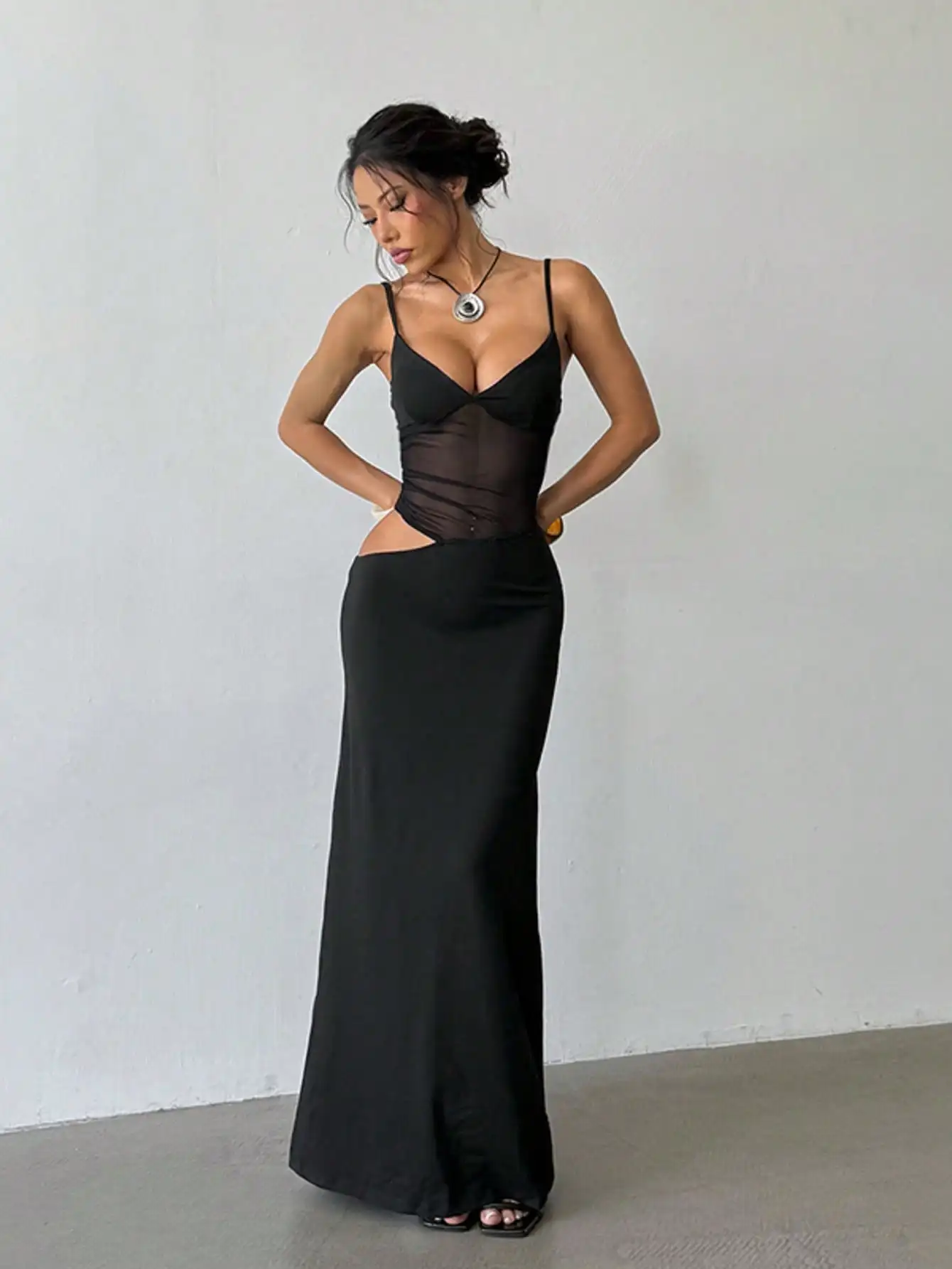 

Black Sheer Mesh Cut-Out Bodycon Maxi Dress with Spaghetti Straps