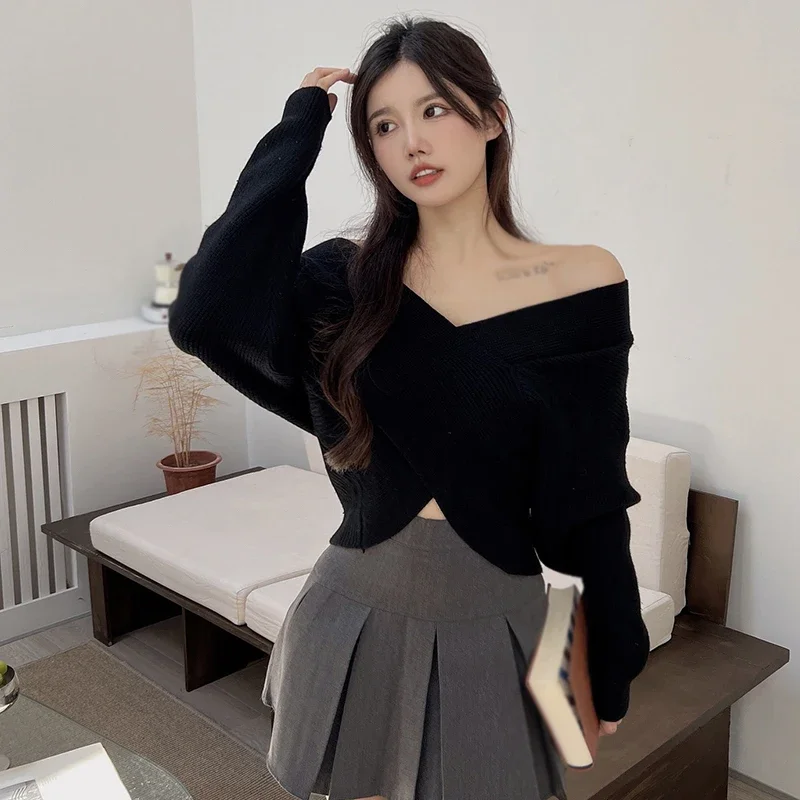 Women Autumn Winter Knitwear Tops Pullover Cross Asymmetric Sweaters Female Long Sleeve Skinny Casual V-neck Knitted Sexy Top