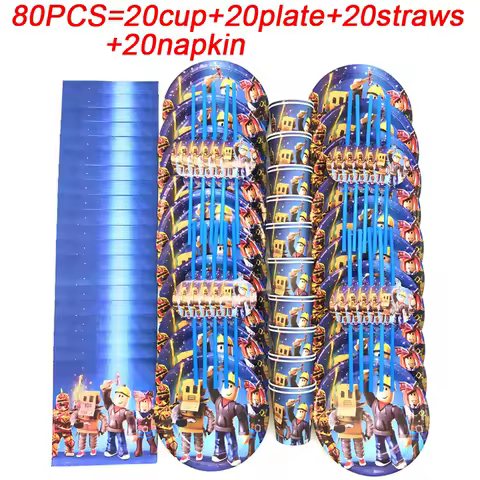 80pcs/Lot Kids Birthday Party Roblox Theme Decorations Paper Cups Plates Straws Tableware Baby Shower Roblox Party Supplies Set