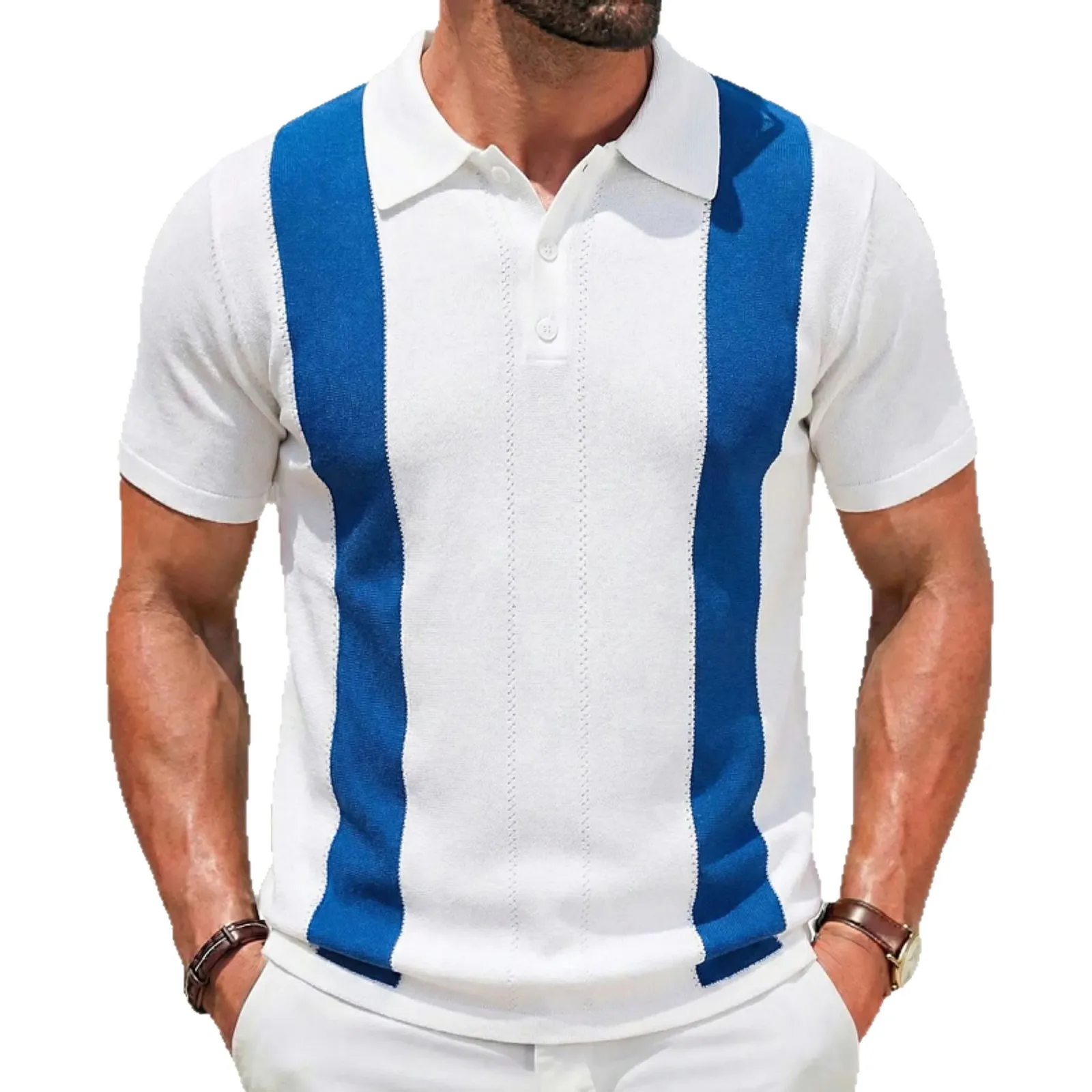 Men's Vertical Striped Knit Polo Shirts 2026 Summer Fashion Lapel Collar Short Sleeve Business Casual Knitwear Tshirts Man Tees