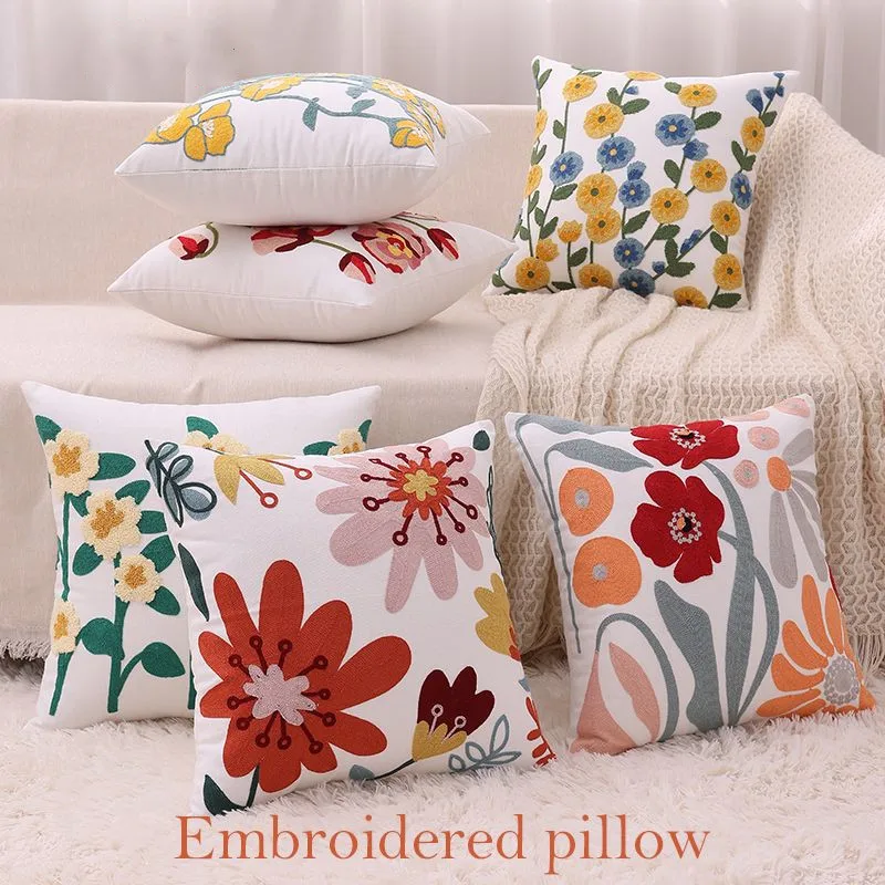 Nordic Style Embroidery Sofa Pillow Cushion Bedroom Bed Pillowcover Decorative Backrest Flower Pillowcase