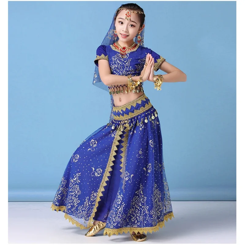 Conjunto de trajes de danza del vientre para niños, falda de danza del vientre para niñas, vestido de baile de Bollywood, ropa de baile indio de competición de escenario