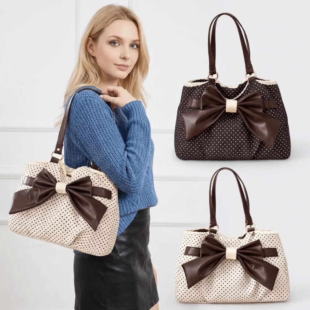 Trendy Vintage Women's Bow Handbag Y2k Casual Chic Lady Shoulder Bags All Match Aesthetic Dot Ins Underarm Bag Streetwear
